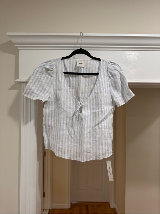 Reformation Tops - Reformation Light Blue Striped Tie-Front Short Sleeve Top